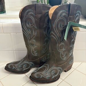 Roper Brown Boots with Blue Embroidery